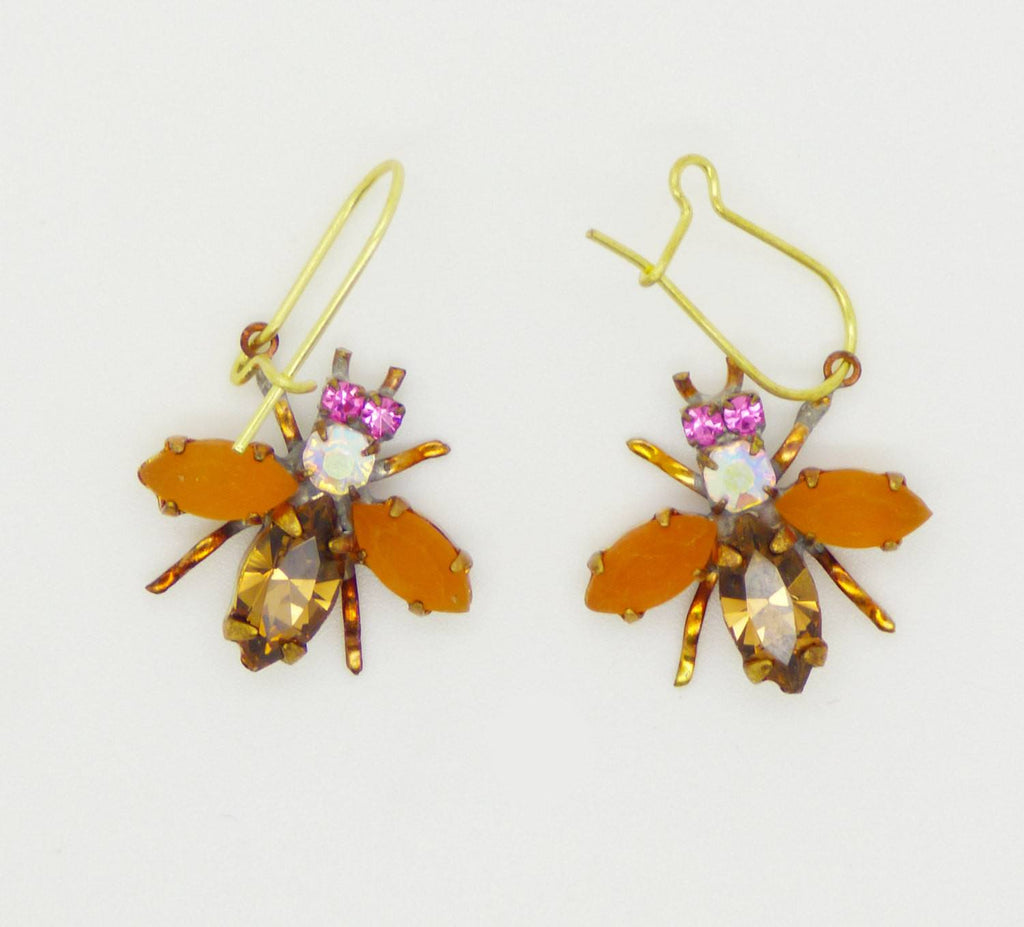 Czech Glass Rhinestone Fly Earrings, Brown and Opaque Amber