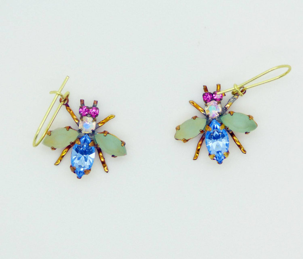 Czech Glass Rhinestone Fly Earrings, Purple and Opaque White