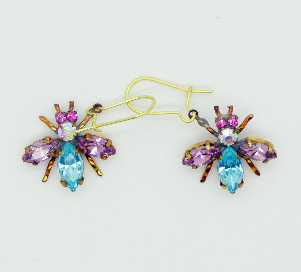Czech Glass Rhinestone Fly Earrings, Purple and Blue