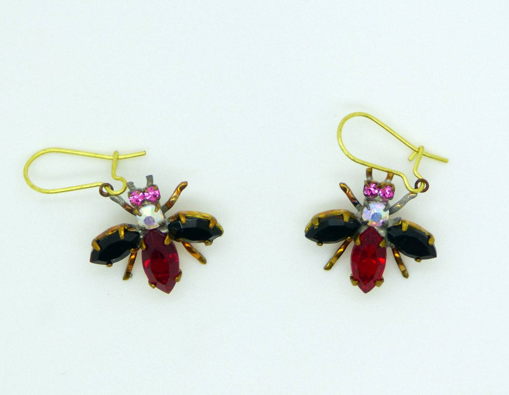Czech Glass Rhinestone Fly Earrings, Red and Black