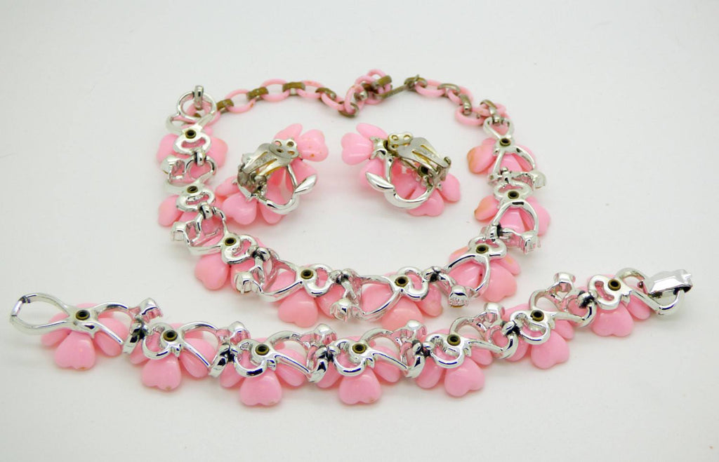 Vintage Lisner Pink Molded Flowers and Rhinestone Parure, Necklace, Bracelet, Clip Earring - Vintage Lane Jewelry