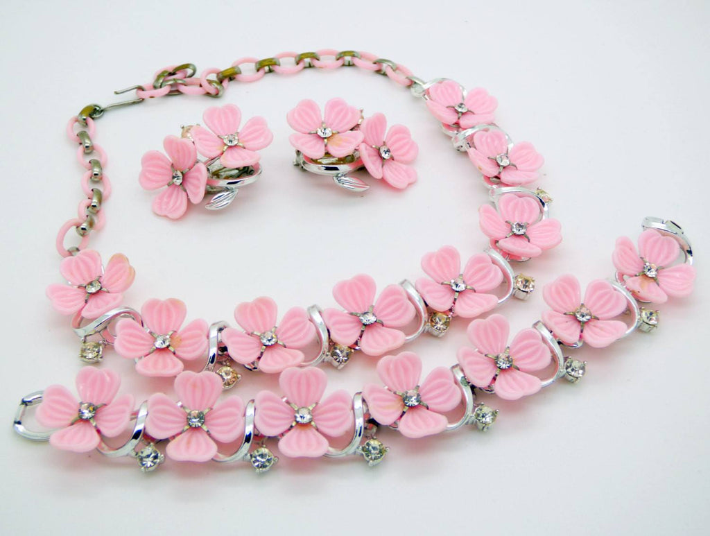 Vintage Lisner Pink Molded Flowers and Rhinestone Parure, Necklace, Bracelet, Clip Earring