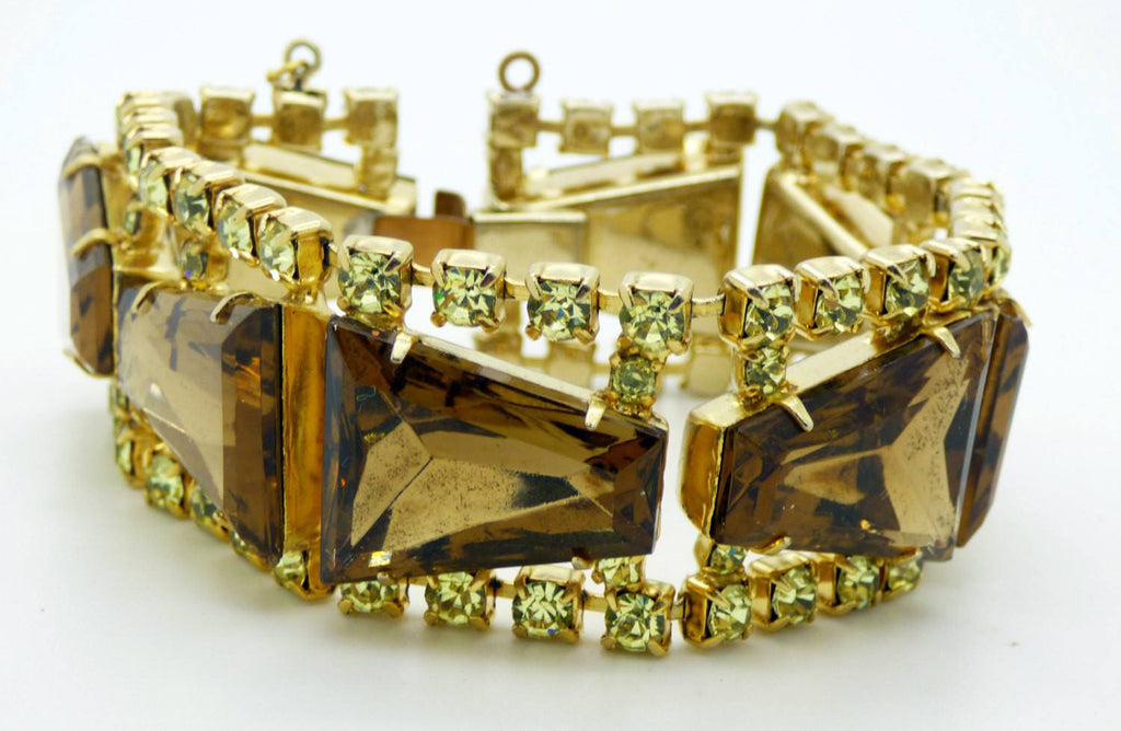 Yellow and Topaz Tapered Baguette Rhinestone Necklace Bracelet Clip Earring Set, Parure - Vintage Lane Jewelry