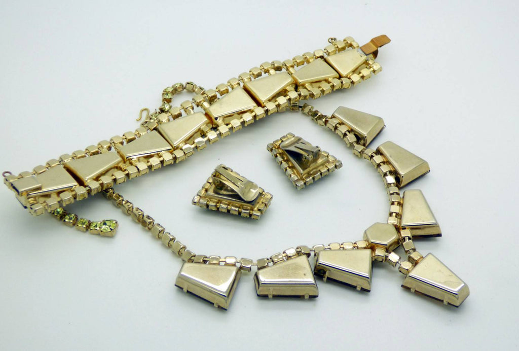 Yellow and Topaz Tapered Baguette Rhinestone Necklace Bracelet Clip Earring Set, Parure - Vintage Lane Jewelry