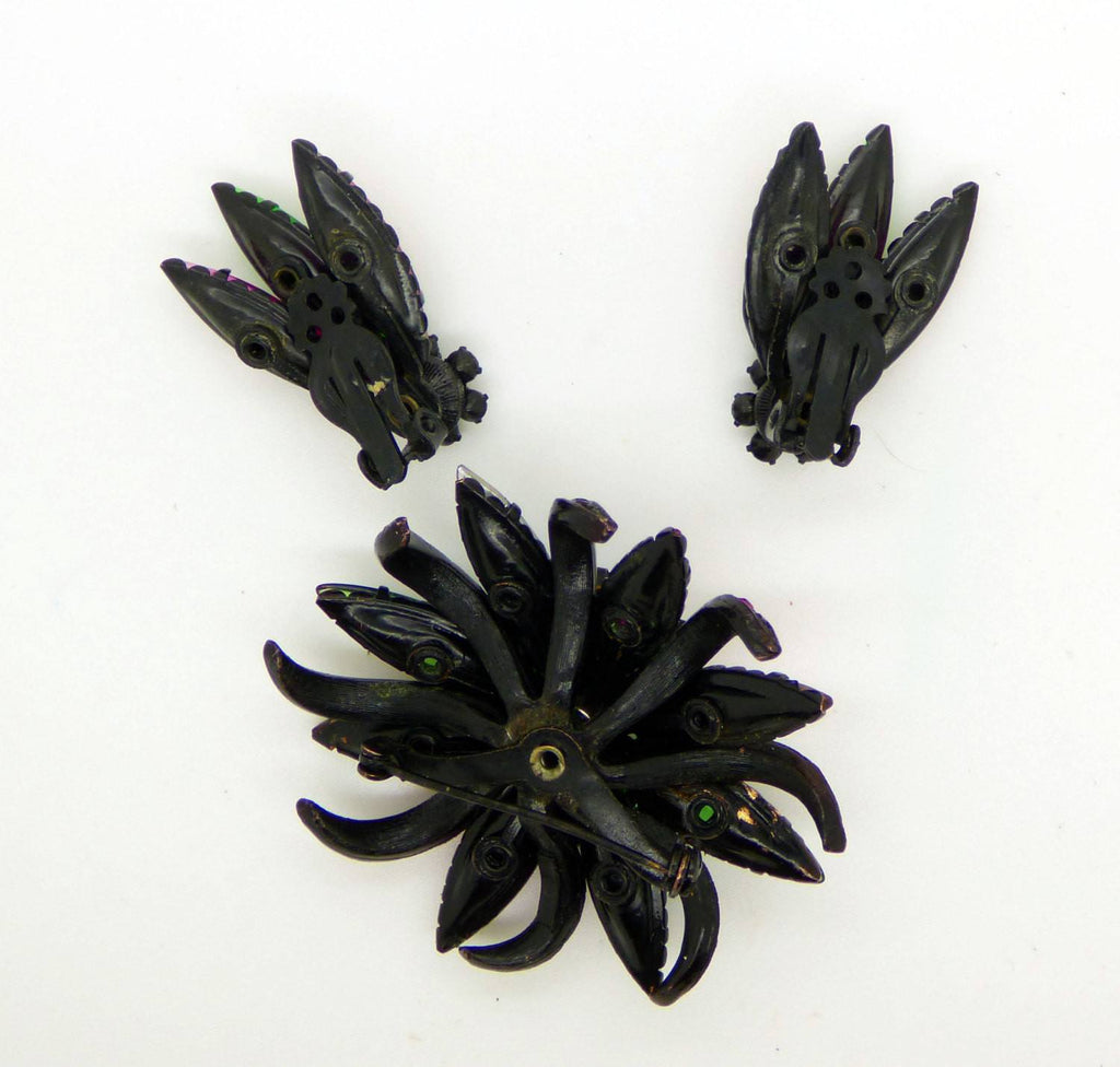 Selini Colorful Rhinestone Demi Parure, brooch and matching clip earrings - Vintage Lane Jewelry
