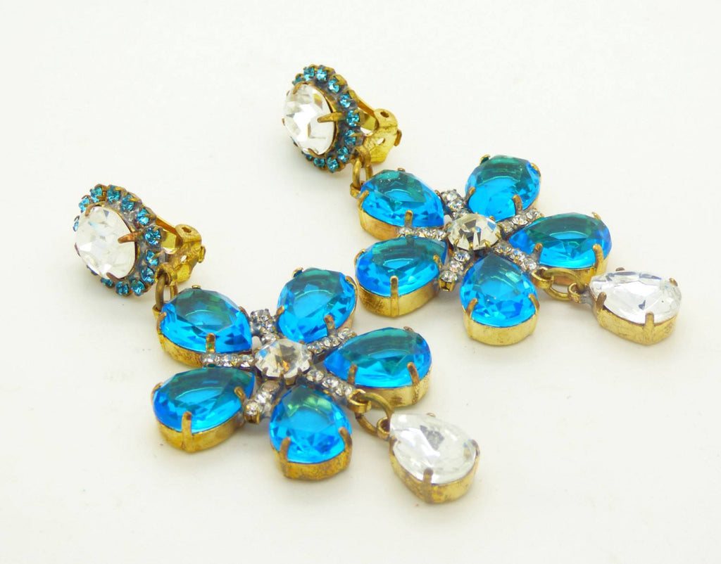 Aqua Blue Flower Dangle Czech Glass Clip Earrings
