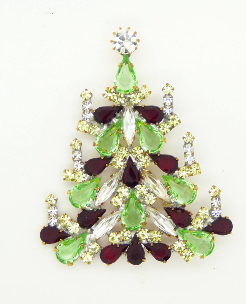Czech Glass Candles Christmas Light Green and Dark Red Tree Brooch, Vintage Rhinestones Xmas Tree Pin