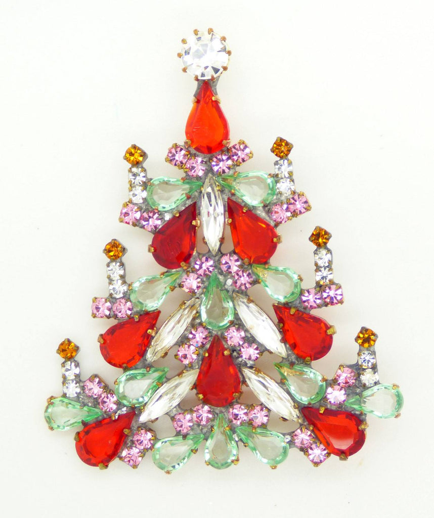 Czech Glass Candles Red, Lavender and light green Christmas Tree Brooch, Vintage Rhinestones Xmas Tree Pin