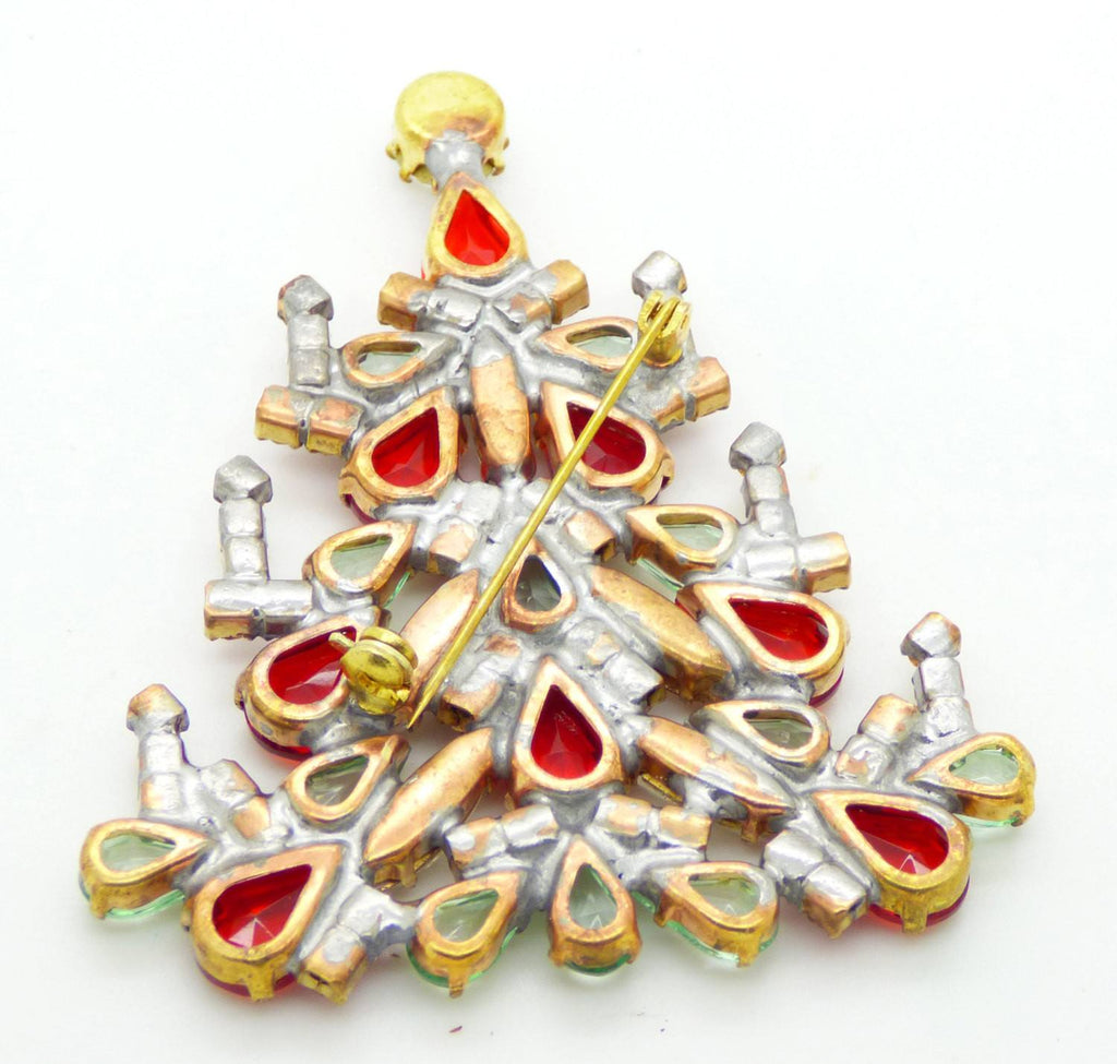 Czech Glass Candles Red, Lavender and light green Christmas Tree Brooch, Vintage Rhinestones Xmas Tree Pin - Vintage Lane Jewelry