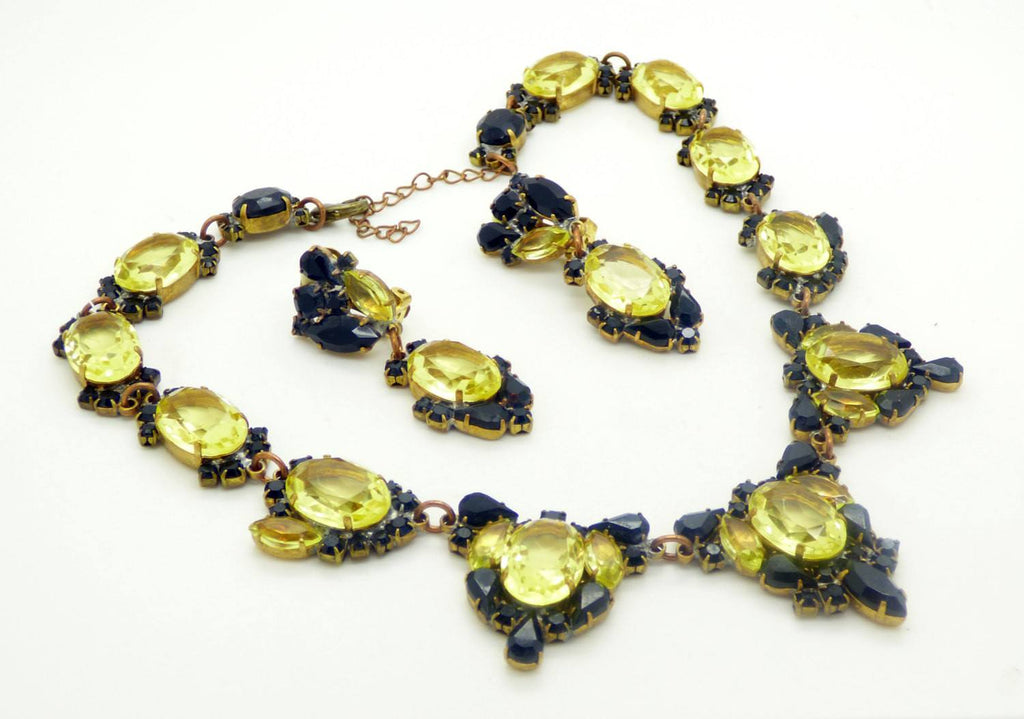 Black and Yellow Czech Glass Necklace, Clip Earring Set