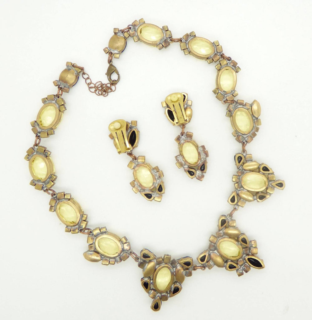 Black and Yellow Czech Glass Necklace, Clip Earring Set - Vintage Lane Jewelry