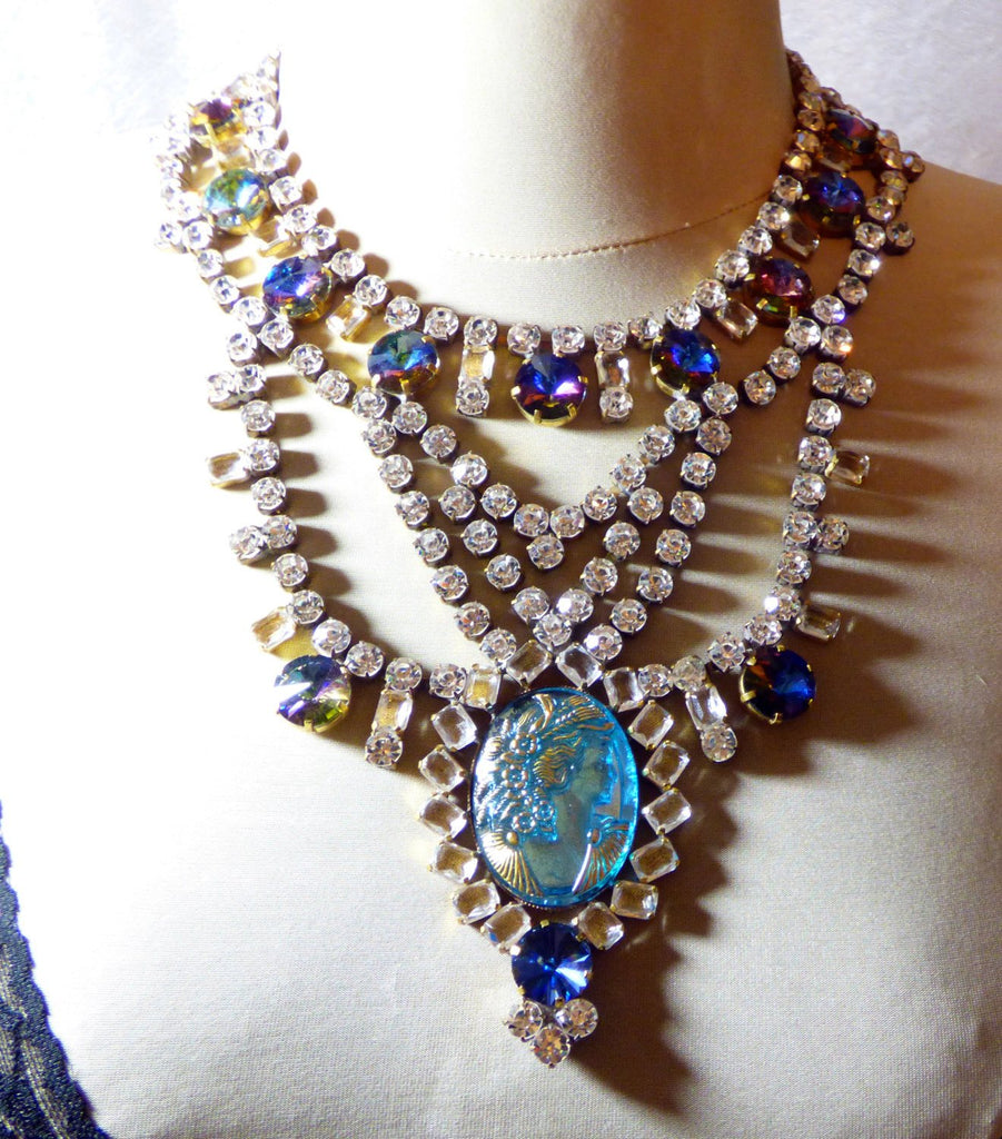 Czech Statement Rhinestone Blue Glass Cameo Necklace - Vintage Lane Jewelry