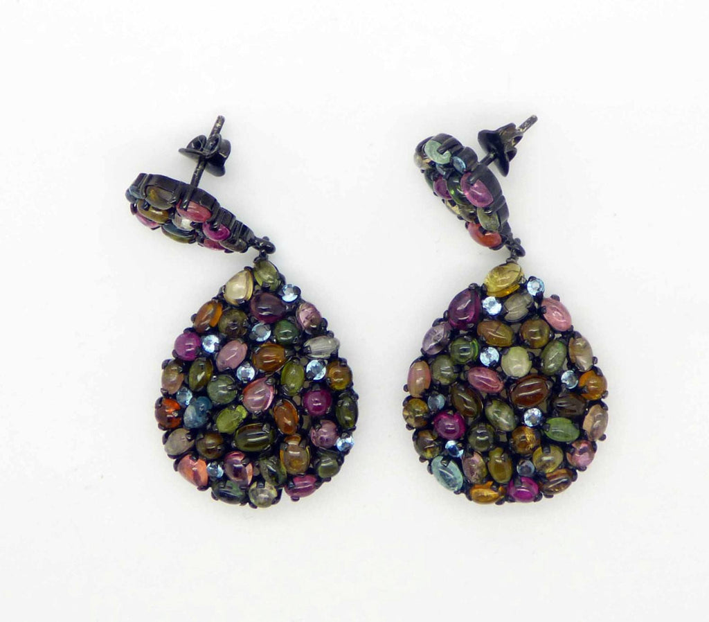 Natural Fancy Tourmaline, Blue Topaz and Ruby Black Rhodium Plated Pierced Style Earrings