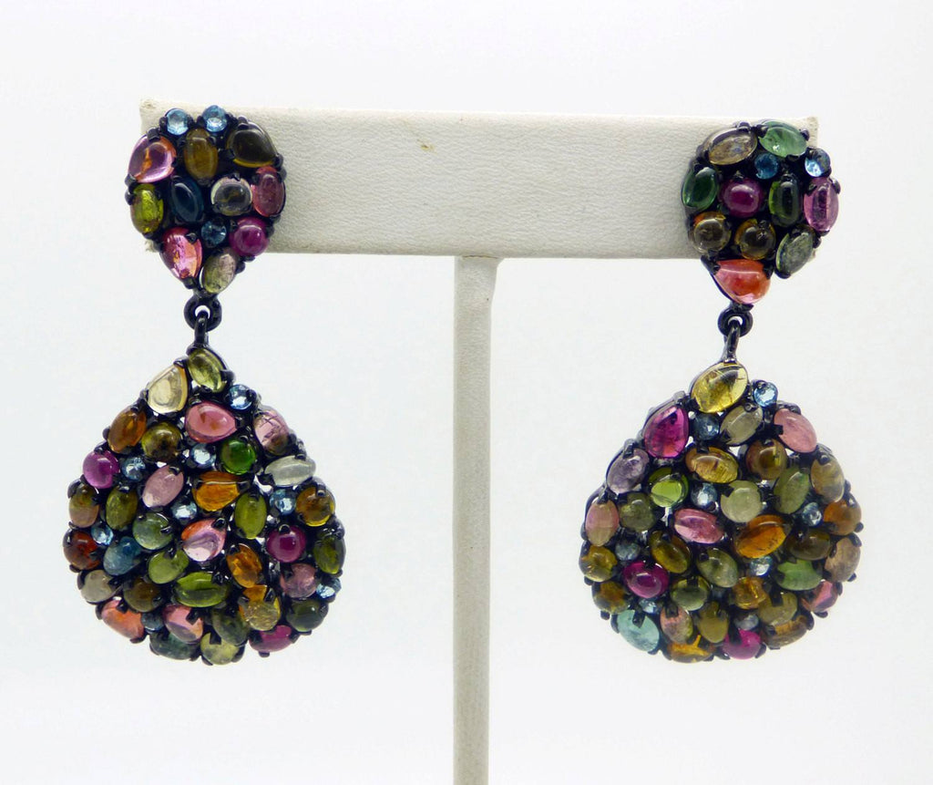 Natural Fancy Tourmaline, Blue Topaz and Ruby Black Rhodium Plated Pierced Style Earrings - Vintage Lane Jewelry