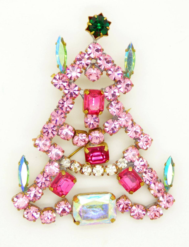 Pink Czech Glass Rhinestone Bijoux MG Christmas tree pin, xmas brooch