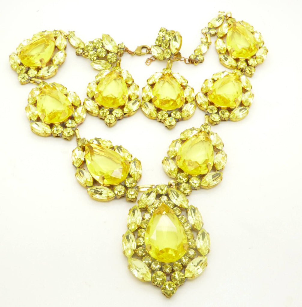 Huge Yellow Czech Glass Statement Necklace and matching clip earrings