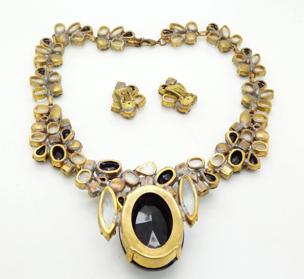 Black and Clear Czech Glass Statement Necklace ad Clip Earrings - Vintage Lane Jewelry