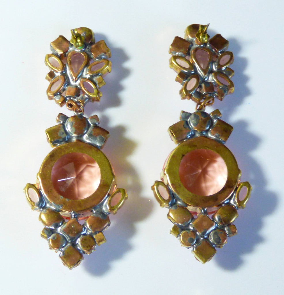 Czech Glass Peach and Lavender Dangle Pierced Style Earrings, Rhinestone, open-back - Vintage Lane Jewelry