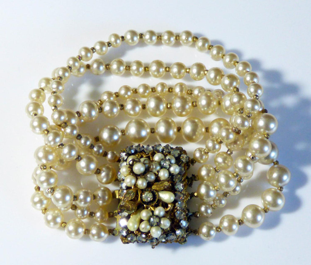 Original by Robert 5 Strand Glass Pearl and Rhinestone Bracelet