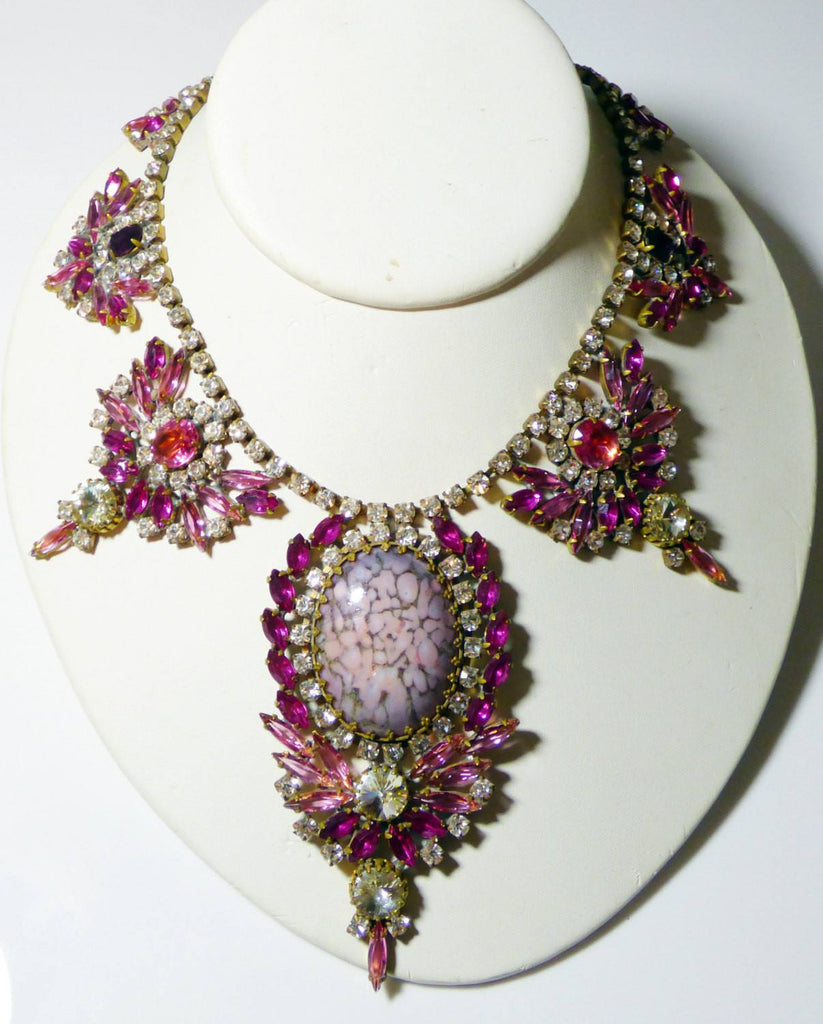 Husar D. Czech Glass Statement Large Pink Mottled Cabochon, Shades of Pink Rhinestone Necklace