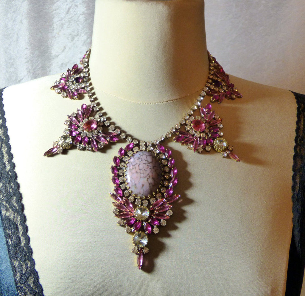 Husar D. Czech Glass Statement Large Pink Mottled Cabochon, Shades of Pink Rhinestone Necklace - Vintage Lane Jewelry