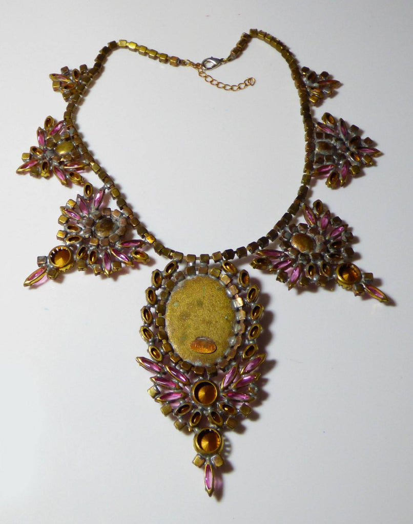 Husar D. Czech Glass Statement Large Pink Mottled Cabochon, Shades of Pink Rhinestone Necklace - Vintage Lane Jewelry