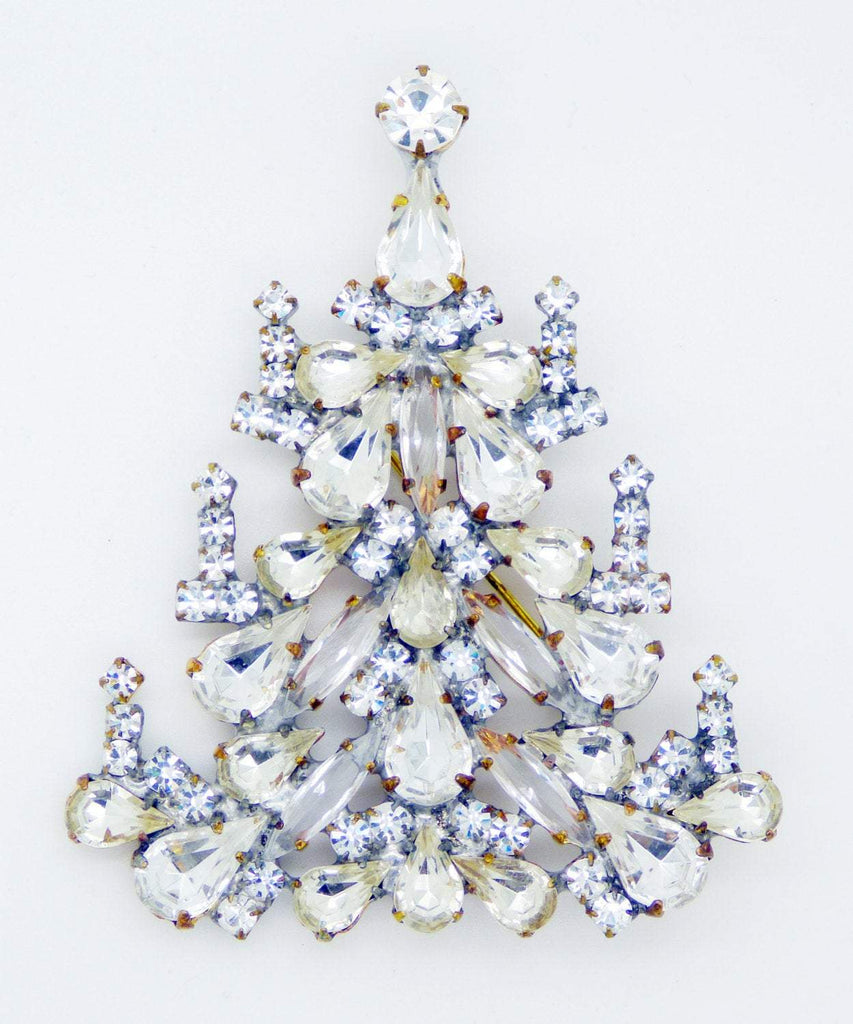 Clear Rhinestone Clear Glass Large Christmas Tree Brooch,