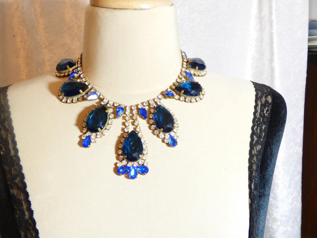 Czech Glass Husar D Large Royal Blue Stone Rhinestone Statement Necklace - Vintage Lane Jewelry