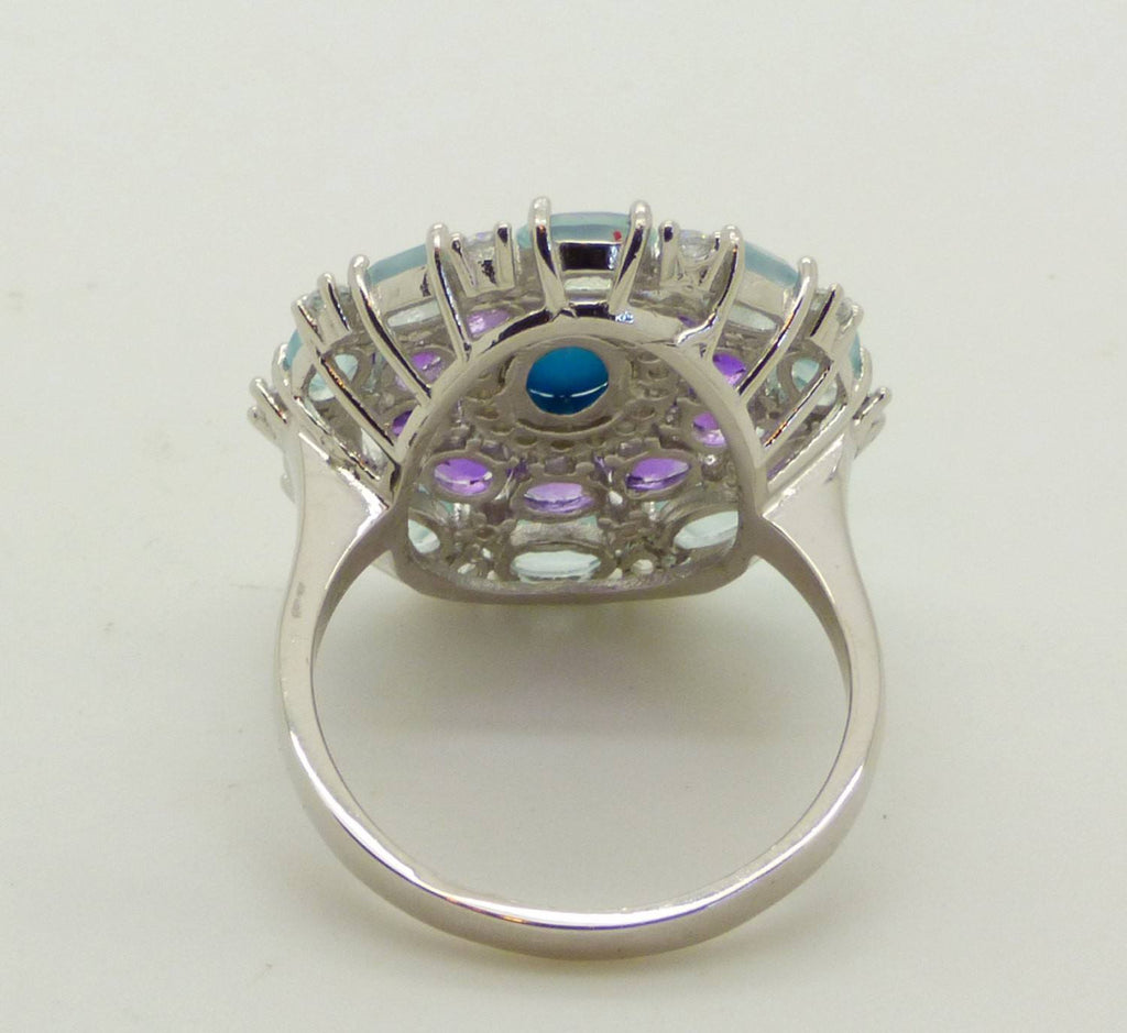 Blue Chalcedony. Amethyst, White Cubic Zirconia, Turquoise 14k White Gold over Sterling Silver Ring - Vintage Lane Jewelry