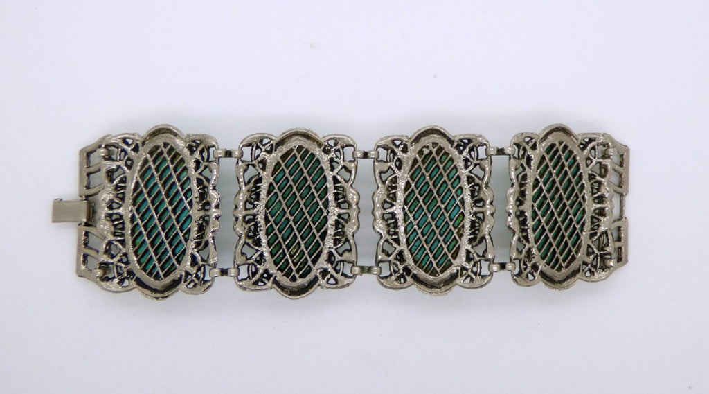 Confetti Bright Green Lucite Cabochon Huge Silver Tone Link Bracelet - Vintage Lane Jewelry