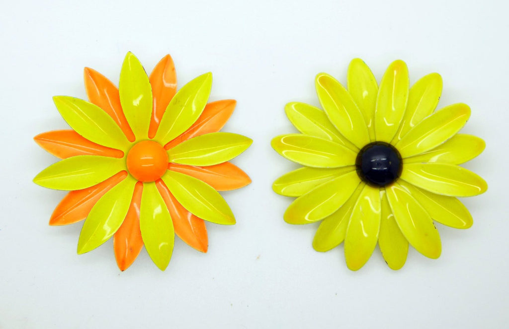 Orange and Yellow Enamel Flower Pins, Signed Art Pin - Vintage Lane Jewelry