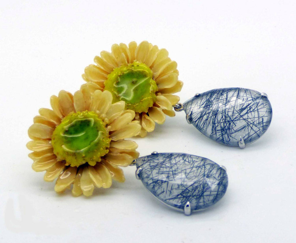 Rutite in Quartz with Flower Preserved in Resin Sterling Silver Pierced Style Earrings