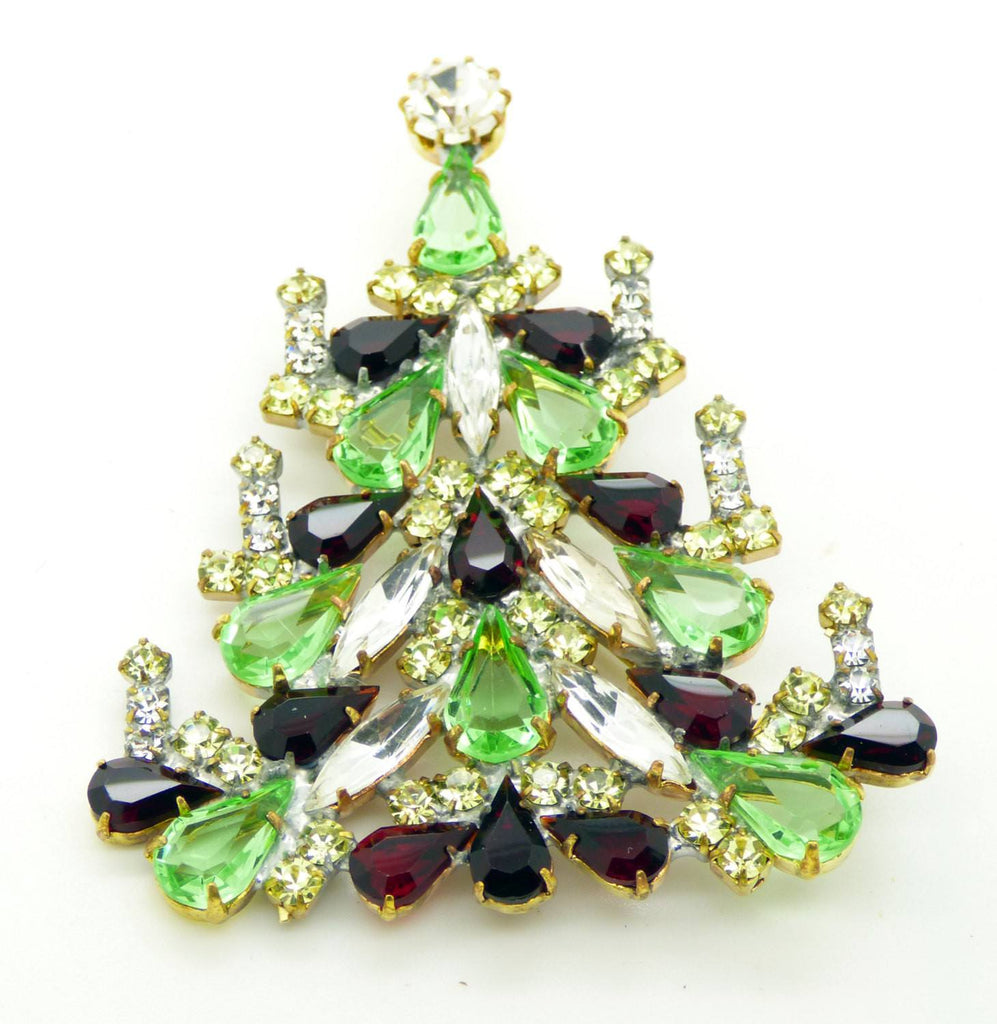 Czech Glass Candles Christmas Light Green and Dark Red Tree Brooch, Vintage Rhinestones Xmas Tree Pin - Vintage Lane Jewelry