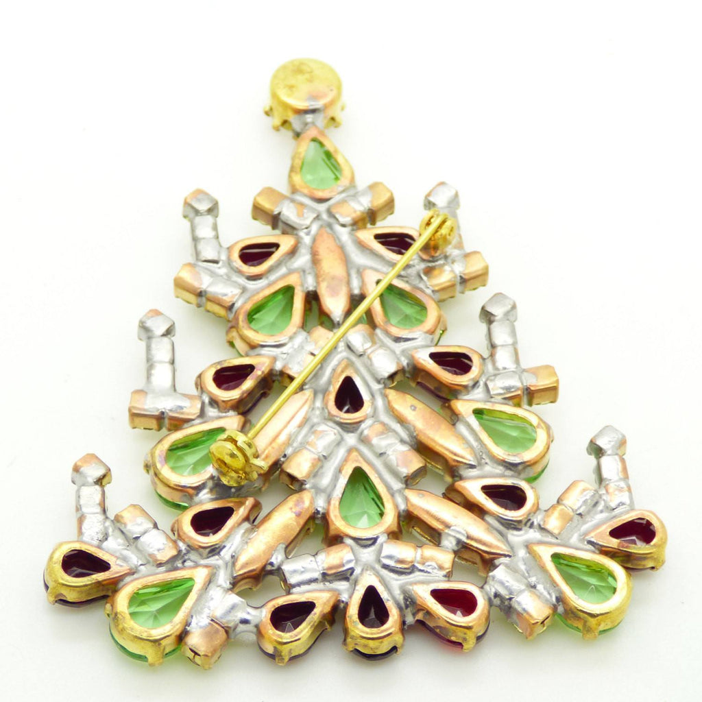 Czech Glass Candles Christmas Light Green and Dark Red Tree Brooch, Vintage Rhinestones Xmas Tree Pin - Vintage Lane Jewelry
