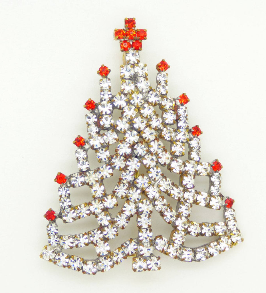 Czech Glass Clear Rhinestone Christmas Tree Brooch, Xmas Pin, Holiday Brooch
