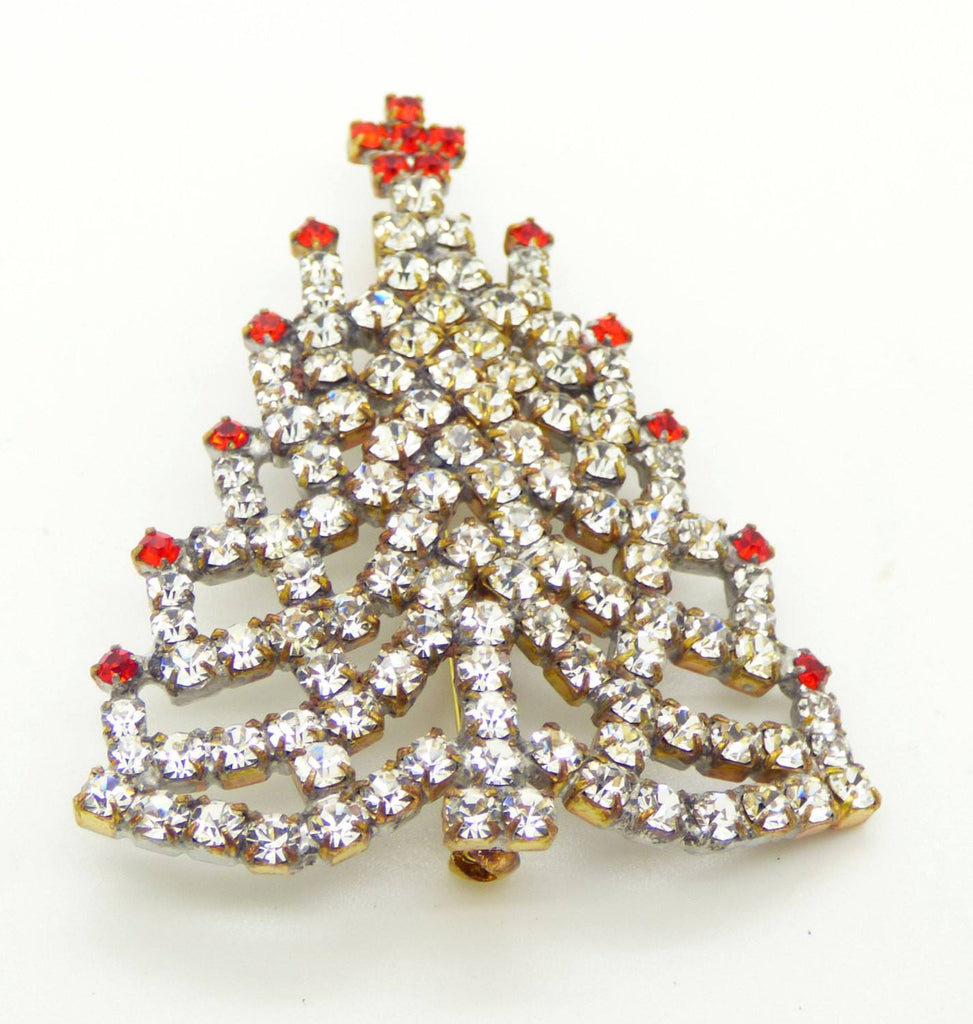 Czech Glass Clear Rhinestone Christmas Tree Brooch, Xmas Pin, Holiday Brooch - Vintage Lane Jewelry
