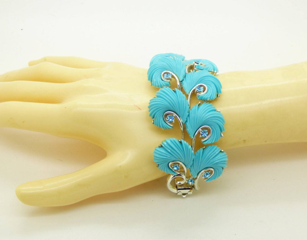 Lisner Blue Feather Thermoset Rhinestone Parure, Necklace, Wide Bracelet and Screw Type Earrings - Vintage Lane Jewelry