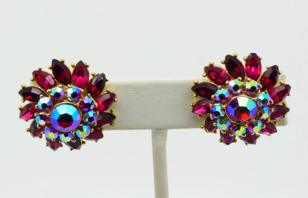 Vintage Crown Trifari Ruby Red and AB Rhinestone Flower Clip Earrings