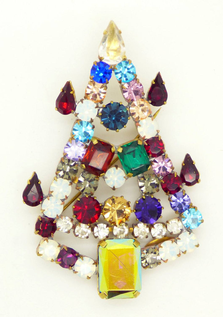 Czech Glass Multicolored Red Candles Rhinestone Bijoux MG Christmas tree pin, Xmas Brooch