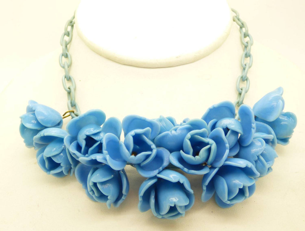 Blue Roses Early Plastic Celluloid Chain Necklace