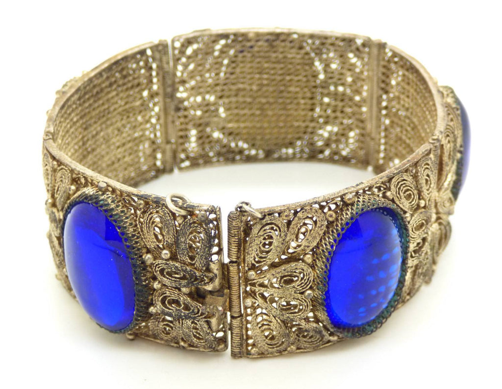 Chinese Export Blue Glass Cabochon 800 Silver Filigree Hinged Panel Bracelet - Vintage Lane Jewelry