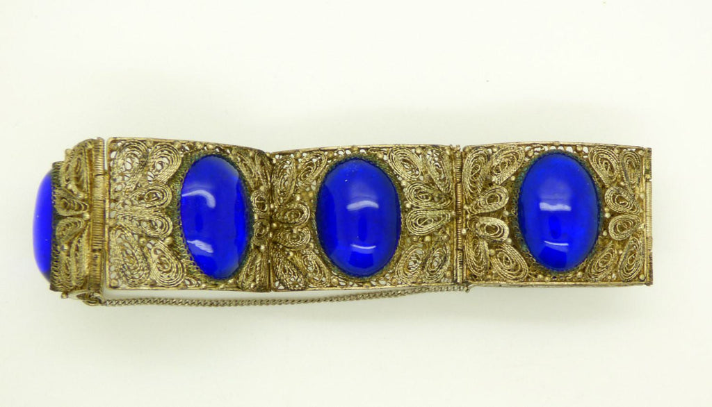 Chinese Export Blue Glass Cabochon 800 Silver Filigree Hinged Panel Bracelet - Vintage Lane Jewelry