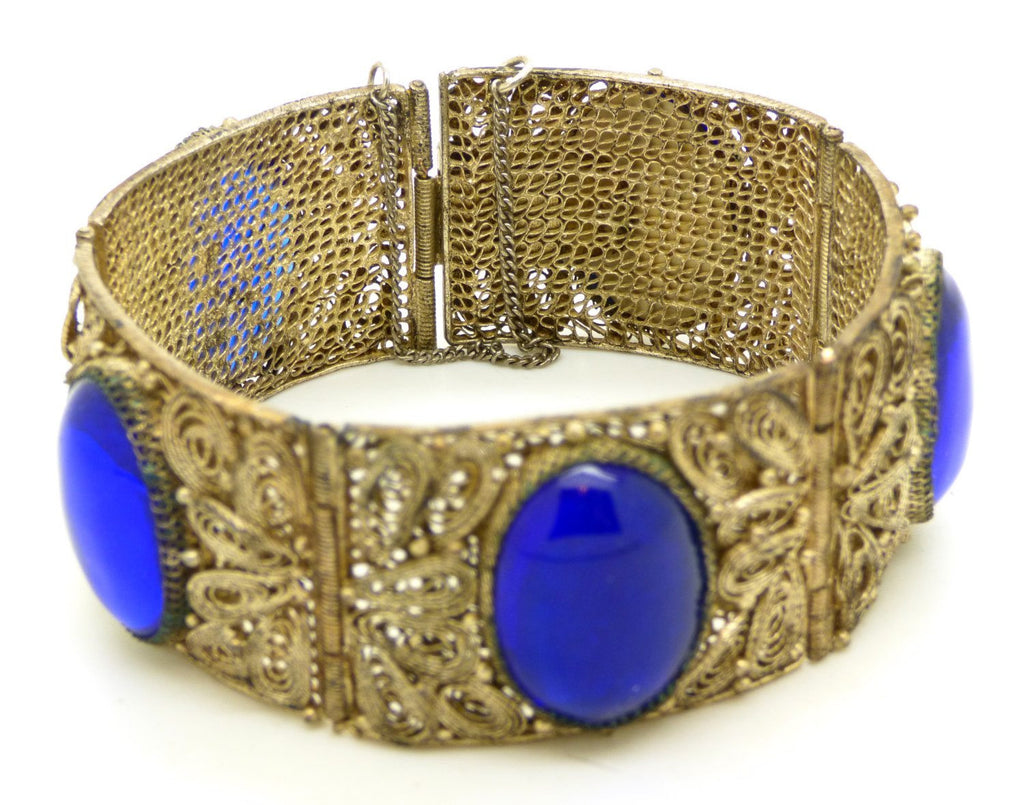 Chinese Export Blue Glass Cabochon 800 Silver Filigree Hinged Panel Bracelet
