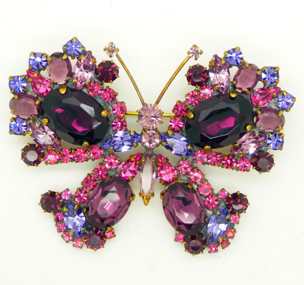 Czech Glass Purple and Pink Rhinestone Butterfly Brooch