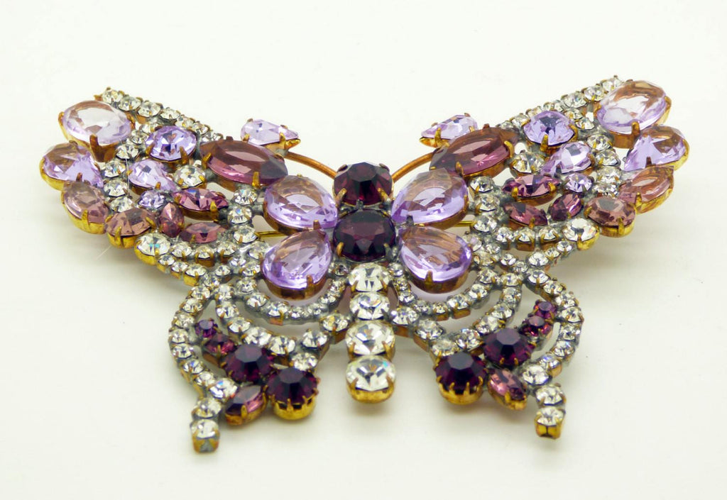 Huge Czech Glass Purple, Lavender and Clear Rhinestone Butterfly Brooch