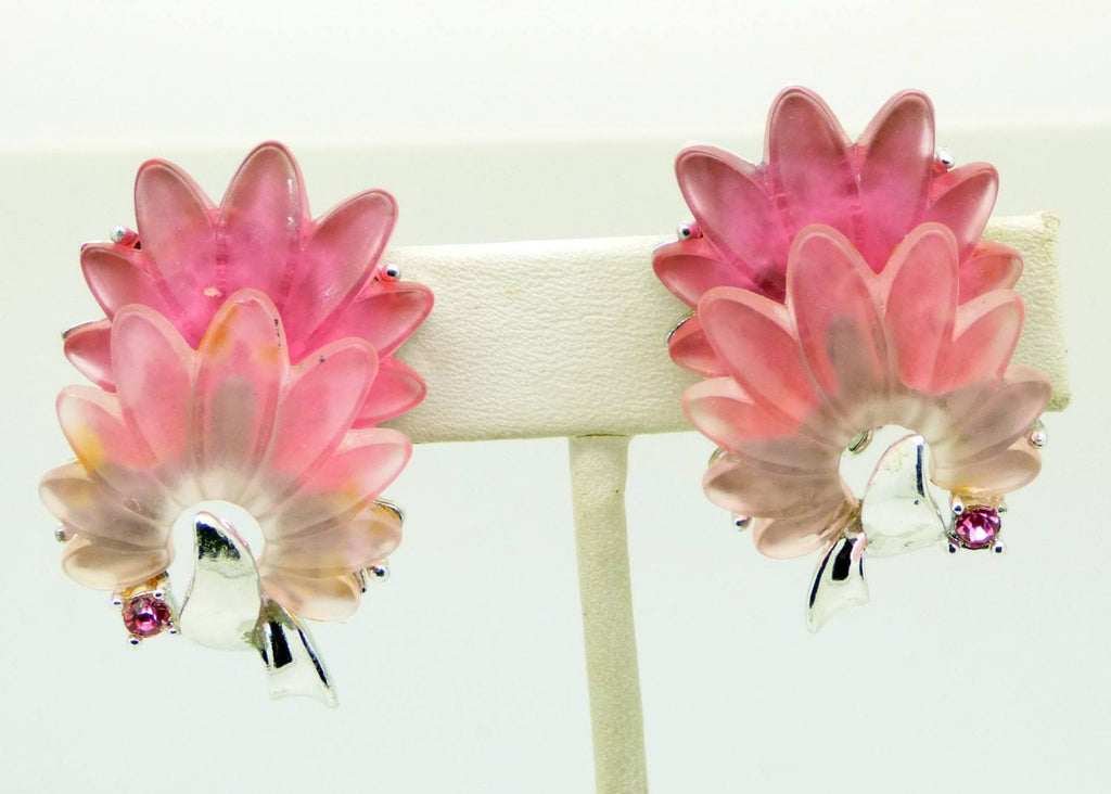 Vintage Pink Carved Lucite Rhinestone Necklace and Clip Earrings - Vintage Lane Jewelry