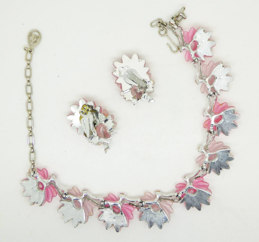 Vintage Pink Carved Lucite Rhinestone Necklace and Clip Earrings - Vintage Lane Jewelry