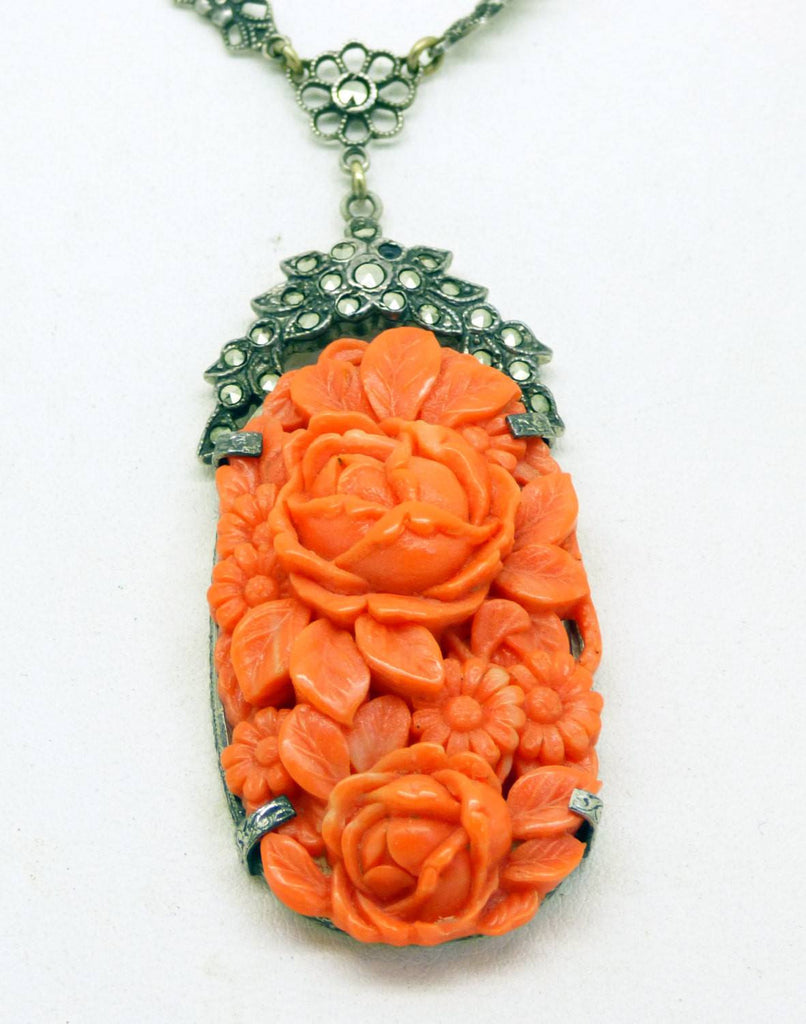 Fine Art Deco Sterling Coral Glass Marcasite Necklace with a Floral Bow Chain - Vintage Lane Jewelry