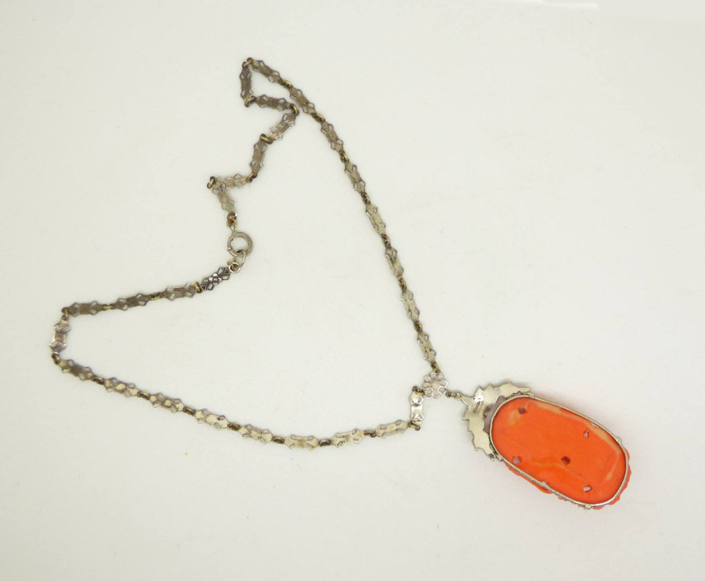 Fine Art Deco Sterling Coral Glass Marcasite Necklace with a Floral Bow Chain - Vintage Lane Jewelry