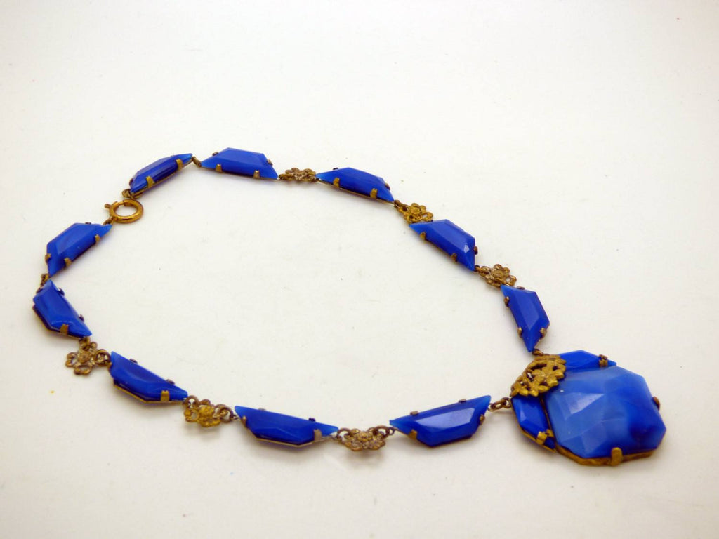 Antique Art Deco Gilt Brass Iridescent Blue Faceted Czech Glass Necklace - Vintage Lane Jewelry
